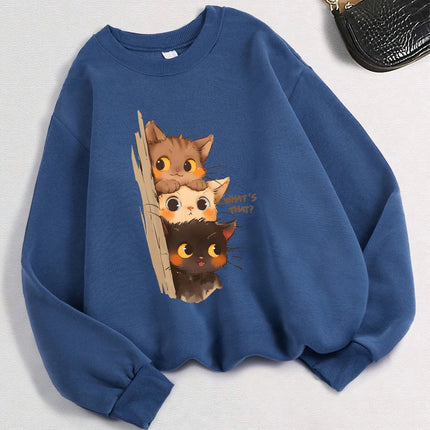 Three Little Cats Are Secretly Watching You Print Hoodie Women Street Loose Sweatshirt Basics Sporty Pullover Winter Clothes