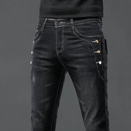Men's Vintage Jeans Designer Korean Fashion Snowflake Wash Stretch Straight Pencil Pants Classic Slim Male Denim Trousers