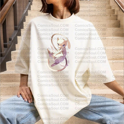 Summer 2026 New Pokemon Cotton T Shirt Mewtwo Purple Flower Back Print Loose Fit Men Women Casual Anime Fashion
