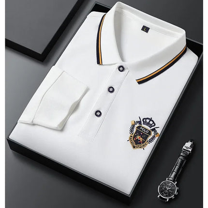 New Men's Long-sleeved Cotton Polo Shirt Fashion Embroidery Casual Bottom Pullover Shirts Tops Men's Clothing