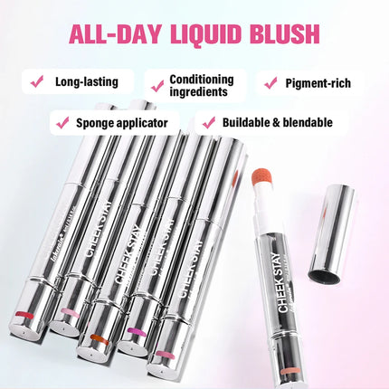 Cheek Blusher All-Day Liquid Blush Long-Lasting Buildable Ultra-Blendable Blush Liquid New Sponge Applicator Cheek Stain Makeup
