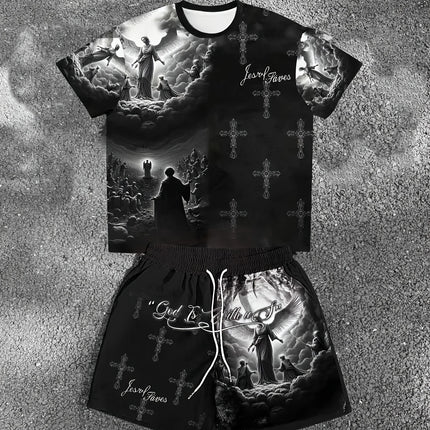 Summer Men's Angel Christ Printed Comfortable Breathable Round Neck T-shirt Shorts Taochuang Outdoor Casual Fashion Clothing