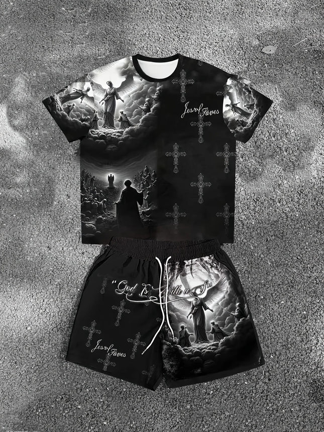 Summer Men's Angel Christ Printed Comfortable Breathable Round Neck T-shirt Shorts Taochuang Outdoor Casual Fashion Clothing