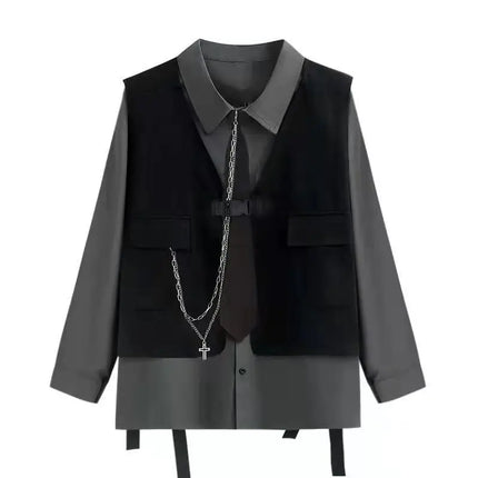 Men Women Gothic Shirt Suit Korean Loose Long-sleeved Blouse Functional Workwear Suit Vest Two-piece Set 2023 Spring Autumn Top