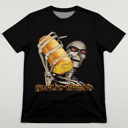 2026 New Garlic Bread Funny Meme Graphic T-Shirt Men's Women's Skull Pattern Print Tee Y2K Streetwear Fun Short-Sleeve Top
