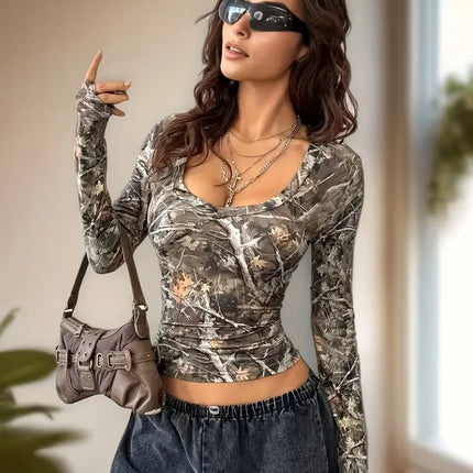 Women's Y2K Street Top Tree Branch Pattern Full V-neck T-shirt