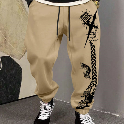 Men's Gothic Thorn Cross Rose Braid Vertical Print Sweatpants Elastic Waist Soft Fabric Dark Punk Street Hip Hop Joggers