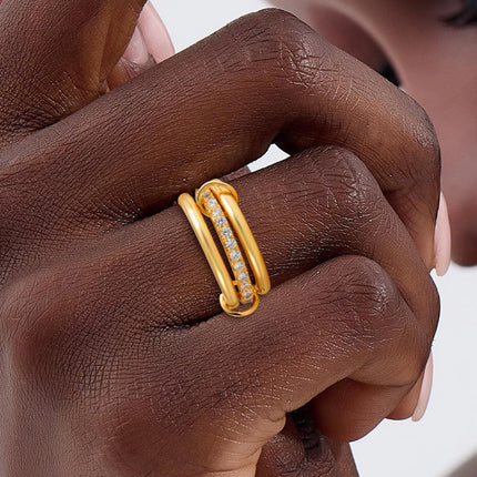 Luxury Cubic Zirconia Gold Plating Multilayer Connecting Rings for Women Fashion Mixed Color Stackable Finger Ring Party Jewelry