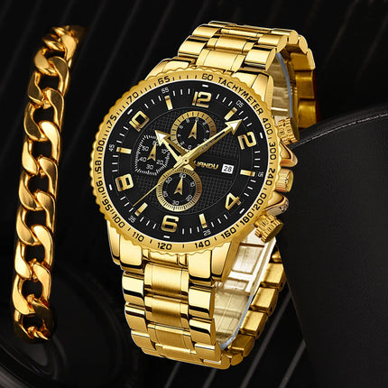 2pcs Men's Watch Bracelet Set Luxury Gold Top Brand Fashion Casual Watch With Calendar Quartz Wristwatches Relogio Masculino