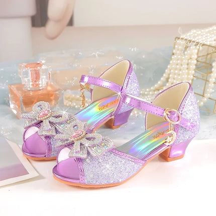 Summer Girls Sandals With Heel Fashion Rhinestone Shiny Glitter Shoes Children Princess Bowtie Pearl Dancing Shoes H876