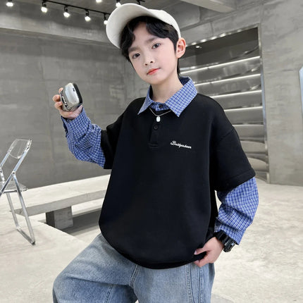 Spring Autumn Kids Cotton Polo Shirt For Teenagers Boy Fashion Layer Double Long Sleeve Outfit Child Casual Polo Collar Costume