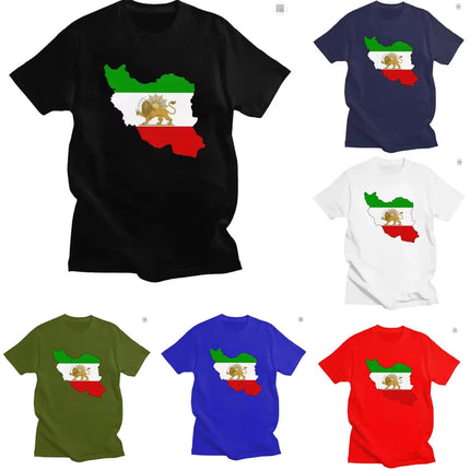 New Flag of Iran Map T Shirts Lion and Sun Tees  Short Sleeve Cotton Tshirts T-shirt Casual Slim Clothing