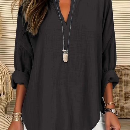 Plus Size 1XL-5XL Women Casual Solid Color Blouse Ladies Fashion Loose Tops V-neck Blouse Long Sleeve Shirt