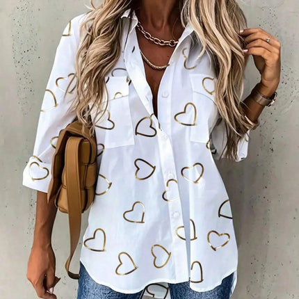 Plus Size 1XL-5XL Women's Fashionable Lapel Single Breasted Heart-shaped Printed Casual Long Sleeved Comfortable Shirt