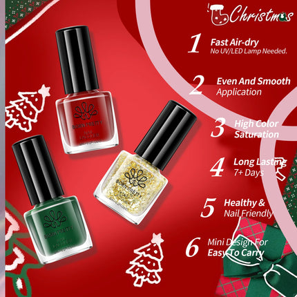 BORN PRETTY 6 Bottles Christmas Carnival Nail Polish Set 6ml Red Green Glitter Natural Air Dry Nail Art Varnish DIY Manicure
