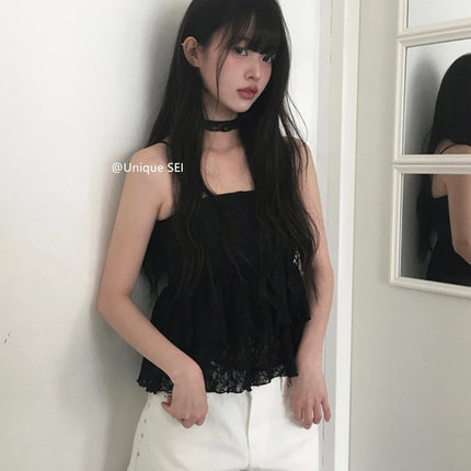 Unique SEI Korean Style Summer Irregular Lace Trim Splice Slimming Strap Top Rivet Denim Shorts Women's Commute Straight Leg Fit
