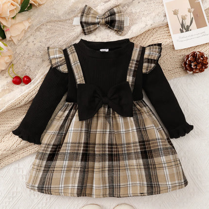 New Baby Girl Spring And Autumn Black Checkered Fake Two-piece Big Bow Headband Dress For Daily Outdoor Wear