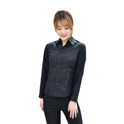 Black Long Sleeve Women's Shirt Professional Formal V-neck Workwear Slim Fit Cotton Work Uniform Button-up Casual Shirt
