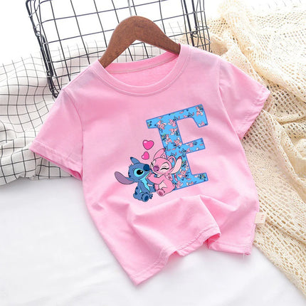 Stitch Disney T Shirt for Girls Children Clothes Tops Children's Clothing Letter A-Z Cotton Short Sleeve Summer Child Cute Gifts