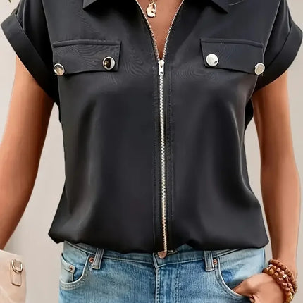 Plus Size 1XL-5XL Women's Black Zip-Up Blouse Button Lapel  Blouse Shirt Ladies Casual Short Sleeve Elegant Solid Color Shirt
