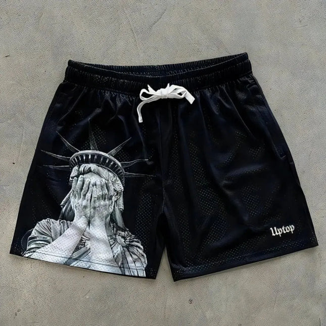 European and American men's summer Statue of Liberty letter print, soft and breathable drawstring shorts, outdoor casual pants