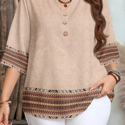 Plus size women's spring/summer/autumn new retro pattern front button leisure short sleeve shirt essential summer outfit