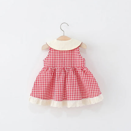 Baby Girl Dress Summer Red Checkered Cotton Sleeveless Girl Dress Cute Cherry Embroidery Bow Girl Princess Dress
