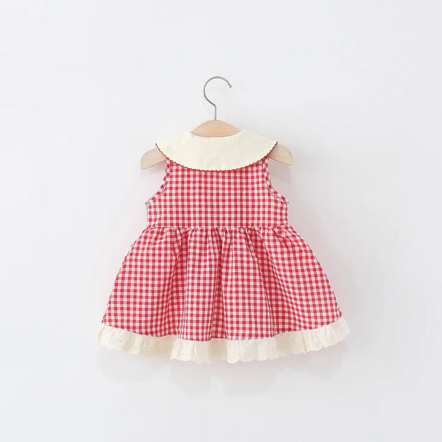 Baby Girl Summer Red Plaid Cotton Sleeveless Dress Cute Cherry Embroidery Bow Princess Dress