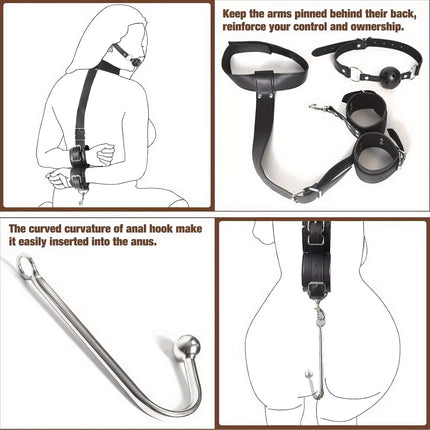 BDSM Bondage Kit Anal Hook, Neck to Wrist Behind Back Handcuffs Collar with Anal Trainer & Ball Gag, Bed Restraints SM Games Too