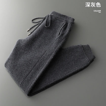 New Men Knitted Pleated Ankle Pants 100% Pure Wool Plane Thicken Pants Pocket Decoration High quality Warmth Ventilate Long Pant