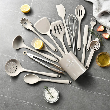 15Pcs Khaki Food Grade Silicone Kitchen Cookware Utensils Turner Spatula Soup Spoon Practical Cooking Tool Kitchenware Set