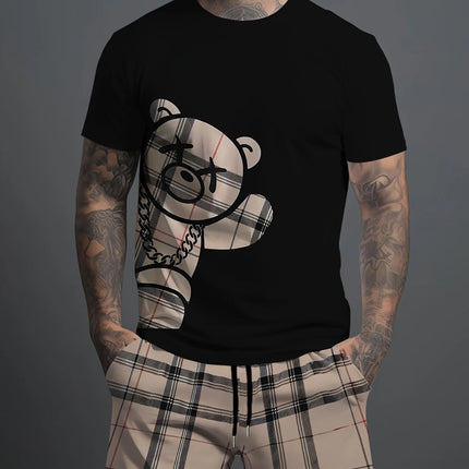 2026 Summer Casual Short-Sleeve Fashionable Breathable Sports Set Loose-Fit Quick-Dry Men's Short-Sleeve Hip-Hop Bear Print Set