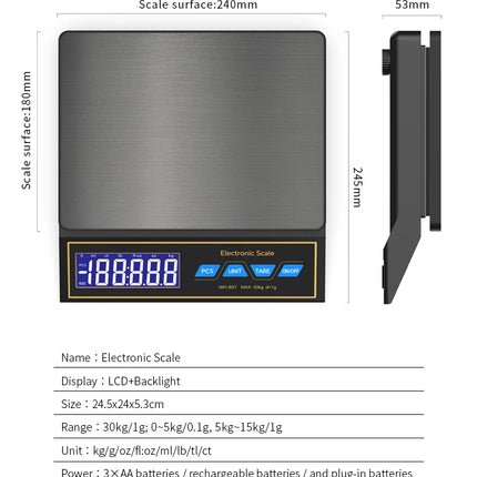 LCD Digital Kitchen Scale 30kg/1g Rechargeable Stainless Steel Panel Electronic Scales Home Jewelry Food Weighing Baking Tools
