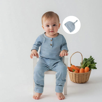Infant Baby Fall Clothes Romper Stripe Print Long Sleeve Round Neck Full Length Jumpsuit with Hat 2 Pcs Set 0-9m