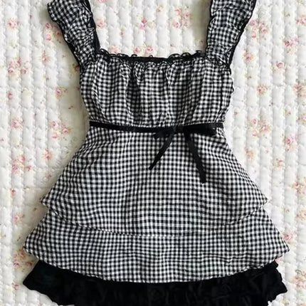 Summer Women's Sweet Gingham Ruffle Camisole Black And White Plaid Sleeveless Tank Top Y2K Aesthetic Casual Streetwear  2025 New