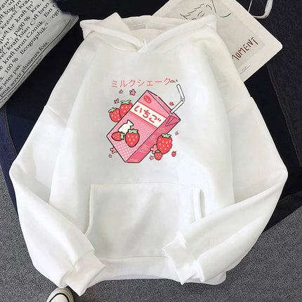 Strawberry Milk Hoodie Women Harajuku Aesthetic Clothing Autumn Winter Kawaii Graphic Hoodies Girls Cute Printed Sweatshirts