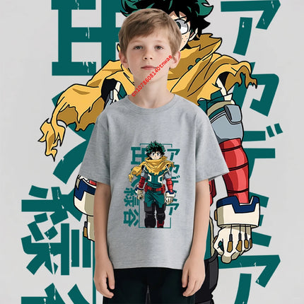 Kids Cotton Tshirt Mha Midoriya Print Anime Cartoon Tops for Boys Girls 100-160cm Casual Tee Children Clothing