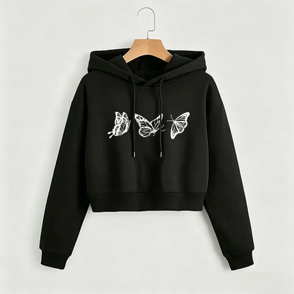 Vintage Butterfly Print Cropped Sweatshirt Crop Top Hoodie Y2k Sweatshirts Gothic Casual Style Clothes Autumn Winter