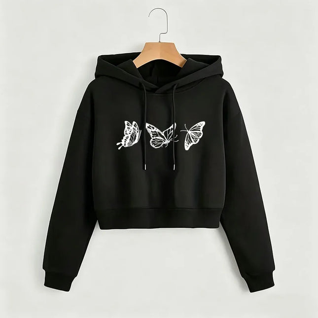 Vintage Butterfly Print Cropped Sweatshirt Crop Top Hoodie Y2k Sweatshirts Gothic Casual Style Clothes Autumn Winter