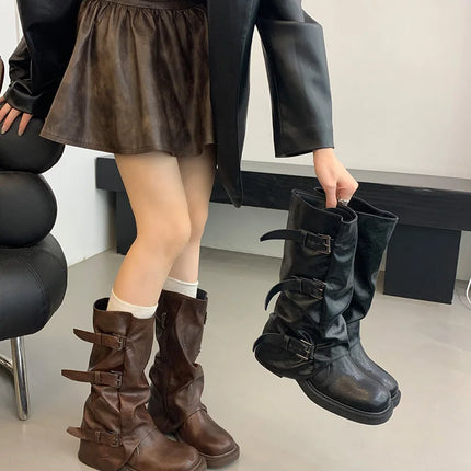 Autumn Winter Vintage Woman Knight Knee High Boots Shoes Ladies Elegant Thick Low Heel Belt Buckle Western Cowboy Botas