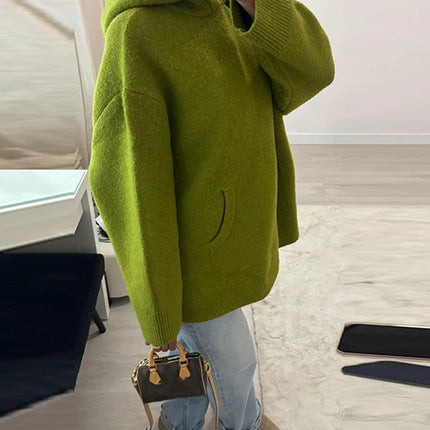 Casual Knitted Women's Sweater Hooded Solid Loose Big Pocket Thicken Lady Sweaters 2026 Spring Fashion Female Street Outwear
