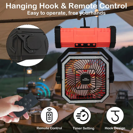 20000 mAh wireless battery-powered camping fan with LED light and remote control, 4 speeds, timer function, USB interface