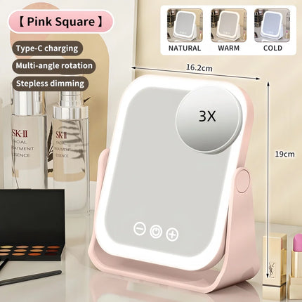 LED Makeup Mirror, Portable Flip Lighted Vanity Mirror with Touch Dimming, 3X Magnifier and Rechargeable Design for Desk
