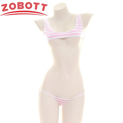 Japanese Sexy Lingerie Lolita Kawaii Blue Pink Striped Mini Bikini Adult Cosplay Erotic Costumes Striped Vest Suit