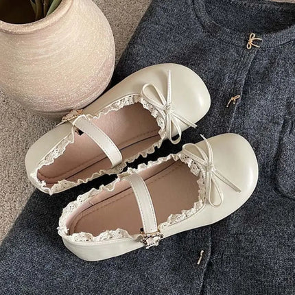 Lolita PU Leather JK Flat Shoes Bow Sweet Slip On Loafers Soft Sole Lace Ruffled Mary Jane Shoes Women