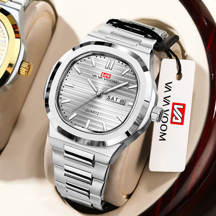 VA VA VOOM Square Luxury Men Wristwatch Waterproof Luminous Date Stainless Steel Male Clock Business Sports Quartz Watch for Men