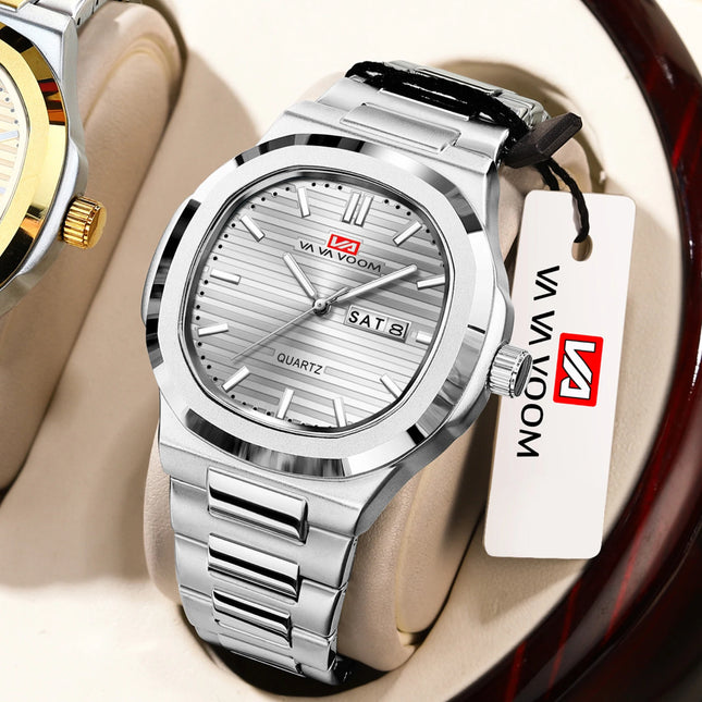 VA VA VOOM Square Luxury Men Wristwatch Waterproof Luminous Date Stainless Steel Male Clock Business Sports Quartz Watch for Men