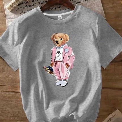 Pink Dress Bear Pattern Round Neck Women's T-Shirt Short Sleeve Fashion Print Half Sleeve Shirt Stretch T-Shirt