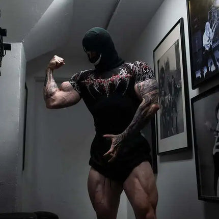 GYM T-shirt Men's Dark Gothic Print Muscle Tee  High Elasticity And Quick Drying Exercise For Bodybuilding Training 2025 Summer