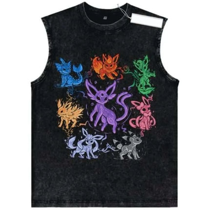 Retro Washed Pokemon Cartoon Tank Tops Men Women Vintage Classic Print Sleeveless Vest Street Style Soft Comfortable Summer Tops